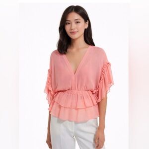 The Kooples Women's Coral Pink Chiffon Ruffled V-Neck Blouse